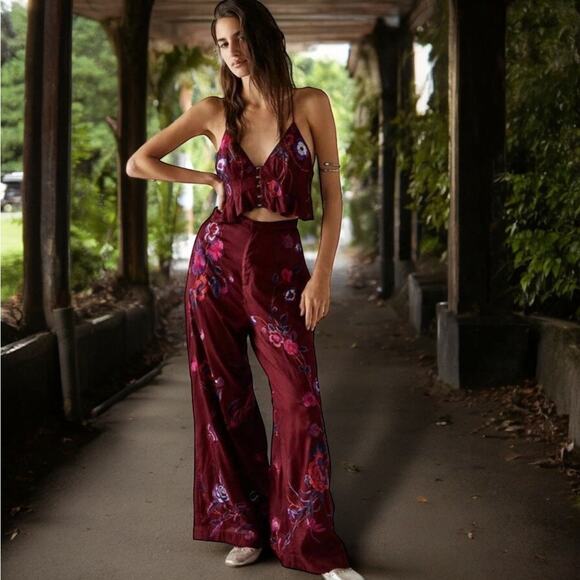 Free People Trousers Mimi Embroidered Floral Wide Leg US 6 NEW - Picture 4 of 16